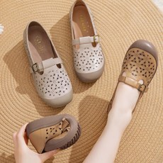 둥근 앞코 펀칭 구멍 신발 여성 여름 단화 로퍼 가벼운 구두 펀칭 플랫슈즈 발편한 쿠션 시원한 신발