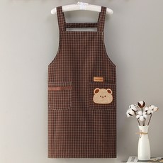 [TJCOMPANY] 코아 C.O.A 클린프로젝트 체크 코튼 곰돌이 앞치마 / 주방 카페 미용실 공방 학원 어린이집 유치원, 브라운, 1개