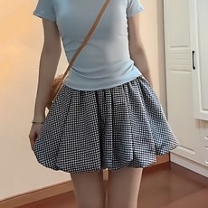 하이웨이스트 스커트 배색 체크 플리츠 스커트 여성용 짧은 스커트