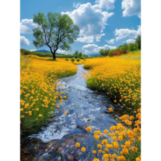 재물운 봄 풍경화 물감 붓 꽃밭 호수 푸른 하늘 구름 물그림 금전운에 좋은 풍수 DIY명화그리기 유화그리기, 40x50cm+물감세트+붓, 물그림 풍경화그리기2, 1개