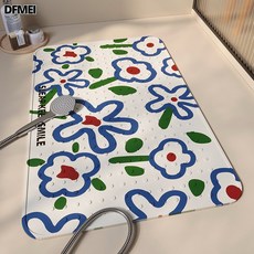 DFMEI PVC浴室防滑墊淋浴房吸盤墊防摔腳墊家用兒童洗澡洗手間免洗地墊, 1個, 藍色小花 吸盤墊
