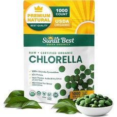 Sunlit Best USDA Premium Chlorella Tablets 1000 Count | 100% Pure Chlorella Superfood Supplement H, 1000 Count (Pack of 1), 1개