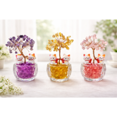 ZHC 수제 크리스탈 돈나무 홈테리어 집들이 선물(돈냥이 2개증정), 핑크