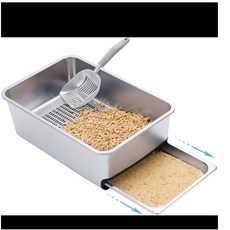 不鏽鋼砂盆防外濺超大開放式圍欄防臭特大號廁所加高巨型漏盆漏砂, 推拉貓砂盆+漏盆