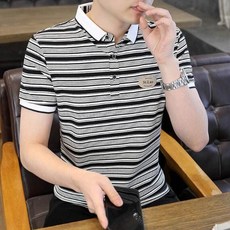 St.Lao 男士 夏季 Polo衫 短袖 休閒衫 條紋 翻領 T恤