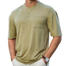 Opomelo 남성용 헨리 셔츠 반소매 애슬레틱 스트레치 티 베이직 여름 버튼 티셔츠 포켓 포함 데님 블루 XXL 269817, 연한 녹색