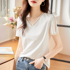 POMTOR 여성 여름 V넥 면 반팔티 블라우스