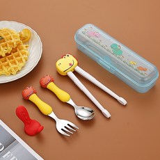 304不銹鋼兒童餐具勺叉筷子套裝組，虎口筷學習筷，卡通造型便攜餐具組，恐龍獨角獸圖案, 1個, 黃柄恐龍【湯叉筷+收納盒】, 黃柄恐龍, 湯匙、叉子、筷子，收納盒