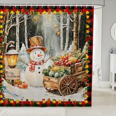 수채화 눈사람 샤워 커튼 72W x 72L 컬러풀 야채 오렌지 호박 소박한 스타일의 욕실 청소년 레트로 격자무늬 겨울 크리스마스 목욕 12개의 후크가 달린 욕조용 커튼입니다