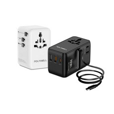 POLYWELL 70W 多國旅行充電轉接頭 自帶Type-C線 萬國充 雙USB 台灣現貨, 白色, 1個, 82mm
