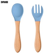 DFMEI 食品級硅膠兒童餐具餵養套裝嬰兒硅膠碗叉子勺寶寶輔食碗餐盤勺叉, 1個, 如圖, 天藍色(叉子+勺子)木柄一套