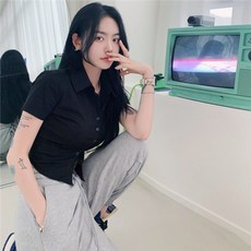 선빛 여성용 슬림핏 카라 카엘린 크롭 셔츠