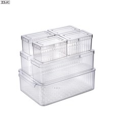 Z3JC 豎紋透明冰箱收納盒 水果蔬菜濾水籃組合家用廚房食品級pet保鮮盒, 1個, 七件套:如圖