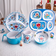 兒童餐具 寶寶餐具 兒童卡通餐具套裝寶寶輔食吃飯碗叮當貓哆啦A夢分格餐盤飯勺水杯兒童餐, 1個, 方型餐盤+5寸圓波點碗+勺,叮當貓哆啦A夢