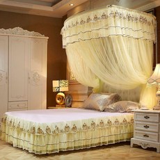 U型軌道蚊帳 三開門加密伸縮公主風蚊帳, 伸縮杆 錦繡人生-米黃【蚊帳+支架】,150*200【適用1.5米牀】