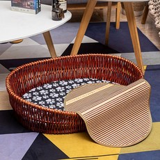 라탄바구니 고양이방석 숨숨집 라탄 고양이쿠션, 5호 45x34, 1개, 브라운 타원 바구니+쿨매트+패드