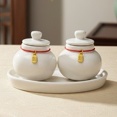 현관 풍수 개업 액막이 재물 금전운 다용도 미니 소금 단지 백자 받침대+항아리 2개 풀 패키지 E652, 1세트