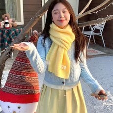 韓版針織圍巾 黃色針織毛綫圍巾女冬季素色韓係高級感加厚保暖防寒護頸圍脖情侶 保暖 百搭