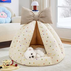 HANTAO 강아지 고양이 리본 방석 하우스 숨숨집 침대 쿠션 소파 대형, 1개, 베이지