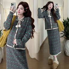 가을 겨울 임산부 상하복 루즈핏 임부 스웨터 + 롱 스커트 세트 프렌치 임부복 투피스 세트 YSQ