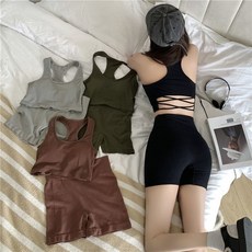 洋氣運動套裝女春帶胸墊性感吊帶背心緊身收腹休閒短褲顯瘦兩件套