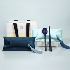 [답례품특가] 봄마음 명품 실리콘 수저 2인 선물세트 | 비단보자기 쇼핑백 포장, 1세트, 5.연두+연두