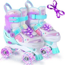 BELEEV Kids Roller Skates for Girls 4-Size Adjustable Quad Skates with 8 Light-Up LED Wheels & Bo, 시안 퍼플