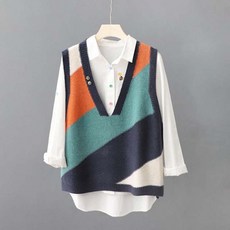 봄가을 여성 오버핏 컬러 블록 브이넥 민소매 니트 풀오버 조끼 캐주얼 데일리 루즈핏 레이어드 베스트