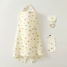 純棉紗布哺乳巾三件套 透氣防走光, 檸檬餵奶巾小兔耳束口袋, 1個