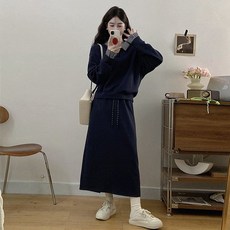 임산부 투피스 치마 세트 봄 가을 니트 세트업 캐주얼 루즈핏 긴팔 스웨터 롱스커트 데일리 패션 JS