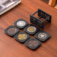 琺瑯彩創意中式四方茶墊 茶道功夫茶, 1個, 斜切混搭杯墊6個鏤空架