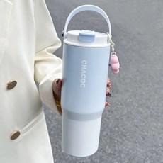 CHACOC 漸層雙飲口冰霸杯 900ml 304不鏽鋼保溫杯 附提把與可愛吊飾 隨行水壺, 1個, 夢幻漸層【藍900ml】雙飲口+送吊飾, 夢幻漸層【藍】