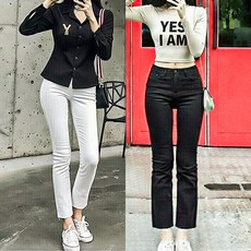 허리 스판 슬림 여성 일자 바지 팬츠 청바지 검정 화이트진 봄 가을 컷팅 9부
