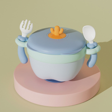 仙人掌造型寶寶餐具套裝，兒童吸盤碗附湯匙叉子，防滑學習輔食碗，安全無毒材質, 皓月藍注水碗+叉匙（附贈吸盤）, 1套, 碗+叉勺+洗盤