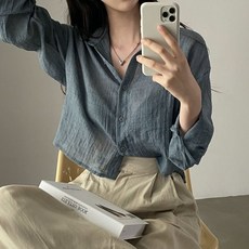 여성 여름 얇은 거즈면 세미크롭 여자 긴팔 셔츠 민트 블라우스 블루그레이 남방 크롭 세미