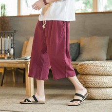 中國風 男裝 夏季 棉麻 七分褲, 1個, [K25]酒紅色L建議115斤-130斤