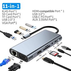 노트북허브 맥북용 USB 3.0 허브 분배기 C 도킹 스테이션 PD 100W C타입-HDMI 어댑터 4K 30Hz VGA RJ45 12-in-1, 01 11-in-1, 04 11-in-1
