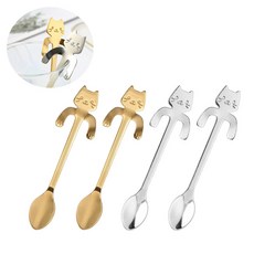 제로앤나인 팔걸이 고양이 티스푼 홈카페 스푼, 숏_골드2P + 실버2P, 1세트, 2. 숏 (골드2P+실버2P)