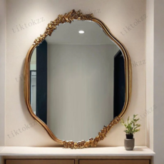 金色雕花浴室鏡 歐式復古化妝鏡 衛浴裝飾壁掛鏡，提升浴室空間美學質感, 銀