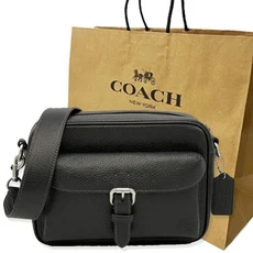 COACH 牛皮釦環中性男款郵差斜背包, 黑