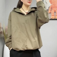 빅사이즈L~4XL여성 봄가을 루즈핏 오버핏 무지 투포켓 버튼 캐주얼 긴팔 후드 맨투맨 티셔츠 후드티