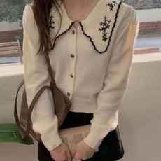 여성 자수 장식 브이넥 니트 가디건 봄 가을 데일리 출근룩 캐주얼 여자 상의