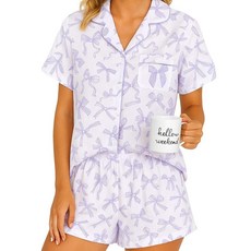 Cutecrop 여성용 리본 파자마 투피스 반소매 잠옷 귀여운 파자마 선물 가방 포함 발렌타인 데이 선물용 블랙 핑크 스몰