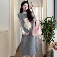 봄 가을 임산부 세트 캐주얼 임부복 기질 임부 민소매 베스트 + 슬림핏 하이웨이스트 반폴라 원피스 투피스 세트 LPC