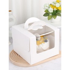 마이크로 떡케익 상자 포장 용기 한입 케이크 50개 3인치 화이트 대형 창문 5개 세트, 8인치 대형 창문