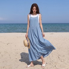 피핀 여성용 백리본 스트랩 플레어 데님 원피스 #38884