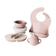 台灣現貨 FDA檢驗合格 寶寶餐具組 (吸盤餐盤、矽膠兜、零食杯、水杯) 週歲/彌月禮盒, 粉色, 吸盤餐盤、矽膠兜、零食杯、水杯