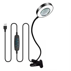 10배 확대경 3가지 색상 모드 LED 조명 데스크 램프 금속 있는 유연한 구즈넥 독서 및 네일 아트용, 01 Black
