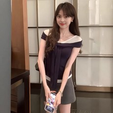 Yellwel 컬러 대비 조합 오프숄더 티셔츠 여성복 여름 레트로 스트링 핏 상의 DJP