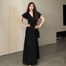 BiimTee 여성 V넥 반팔 플레어 롱 원피스 하이웨이스트 캐주얼 데일리 드레스